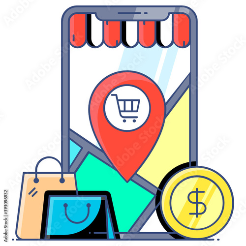 
Mobile shopping app icon, wheelbarrow inside smartphone 
