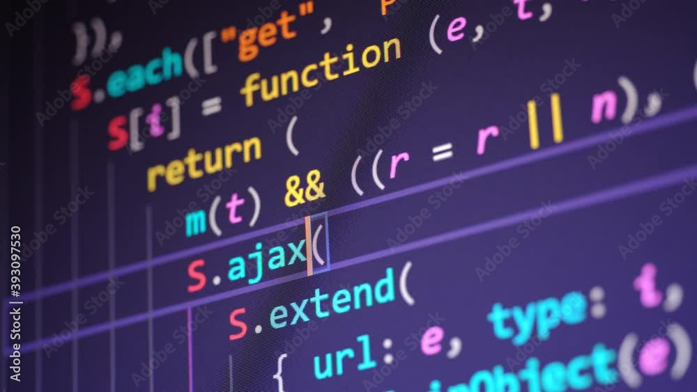 Code. Colorful jsx javascript computer programming code scroll close up pixel detail shot 4K super macro on screen.