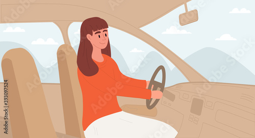 Woman driving car. Road trip concept. Car travelling, vacation, journey. Mountains behind car window. Elegant lady character in automobile. Cartoon flat vector illustration