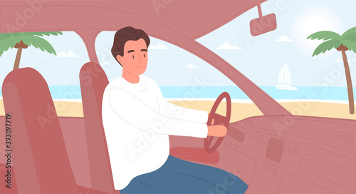 Man driving car. Road trip concept. Car travelling, vacation, journey. Tropical sea beach behind car window. Young man character in automobile. Cartoon flat vector illustration