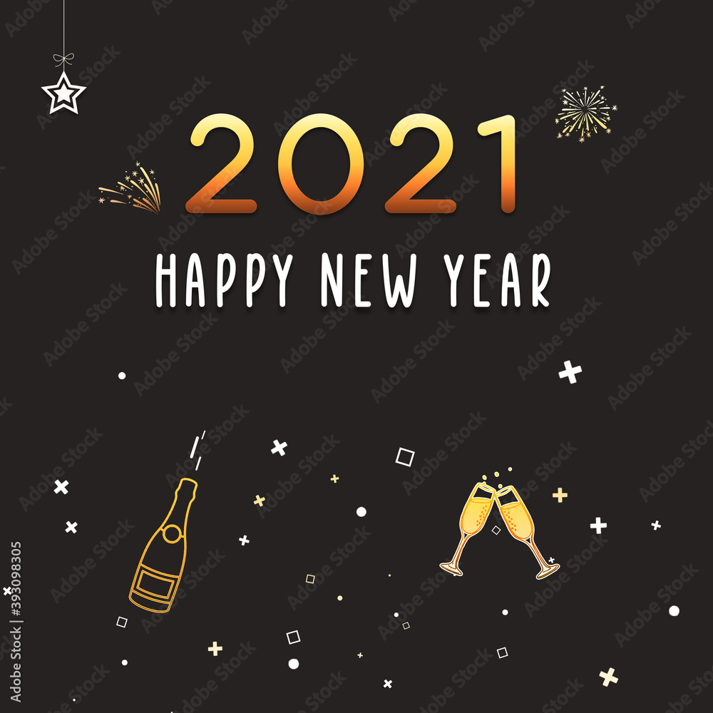 Fototapeta premium Carte de vœux minimaliste à l'occasion du nouvel an 2021, avec des dessins de champagne et des formes, en anglais