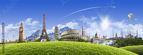 Summer travel across Europe - sunny landscape background with famous landmarks and grassy hill over clear blue sky - great for posters, cards or banners (all composition elements shot by myself)
