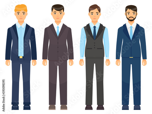 Business man clothes. Young men in office clothes vector illustration. Dress code for male characters set. Persons of various appearance in formal classical suits pants, jacket shir twith tie and vest