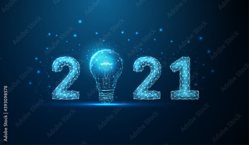 Abstract Happy 2021 New Year greeting card with light bulb Abstract Happy 2021 New Year greeting card with light bulb