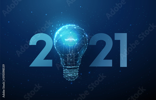 Abstract Happy 2021 New Year greeting card with light bulb