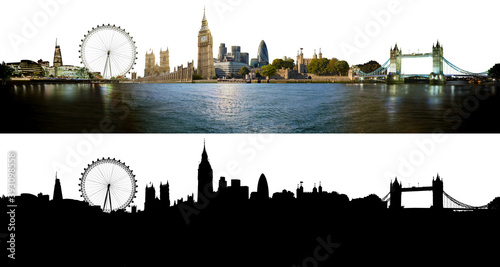 London skyline, with all important buildings and attractions of the city - photographic composition with corresponding alpha silhouette mask