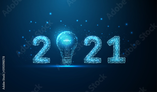 Abstract Happy 2021 New Year greeting card with light bulb