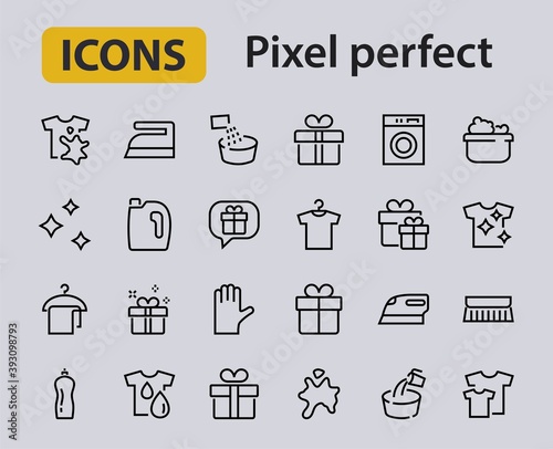 Simple set of washing related vector line Icons. Contains icons such as washing machine, powder, laundry, dirty t-shirt and much more. On a white background, editable stroke. 48x48 pixels perfect