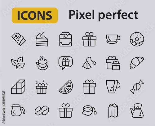 COFFEE and TEA LINEAR ICONS SET, contains Icons of tea, tea bag, Coffee machine, cake, sugar, teapot, cup, milk, cream, Lemon, chocolate bar, LINEAR ICONS Editable stroke