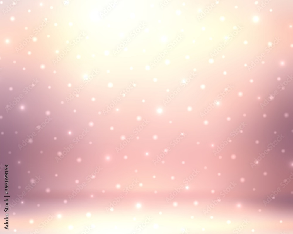 Lights fly into pink empty room 3d background. Holidays delicate decorative illustration.