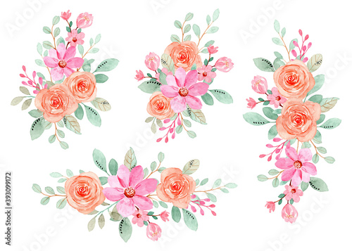 Pink orange floral bouquet collection with watercolor