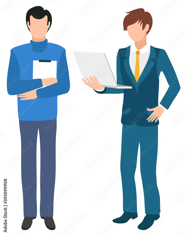 Man with clipboard and executive worker with notebook isolated cartoon characters. Vector business education concept, experienced guys discuss financial problems Man with clipboard and executive worker with notebook isolated cartoon characters. Vector business education concept, experienced guys discuss financial problems