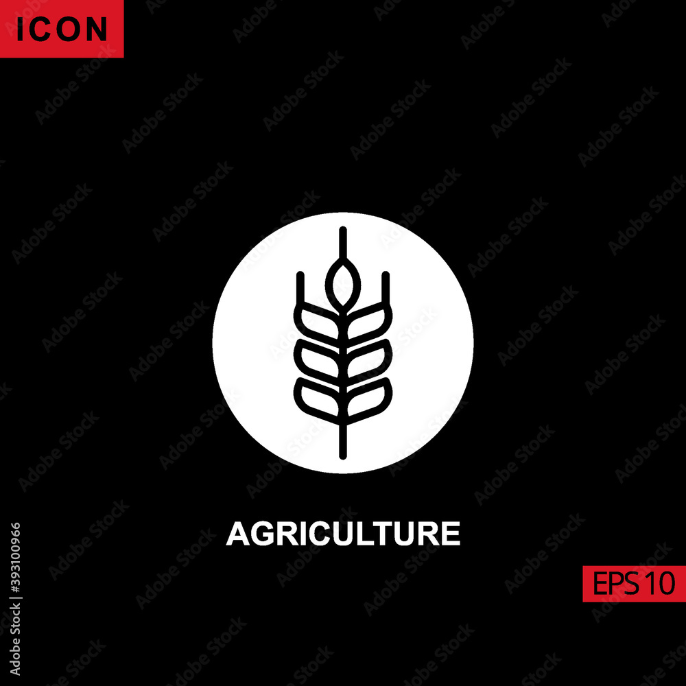 Icon agriculture with wheat and circle on black background. Illustration filled, glyph or flat icon for graphic, print media interfaces and web design.