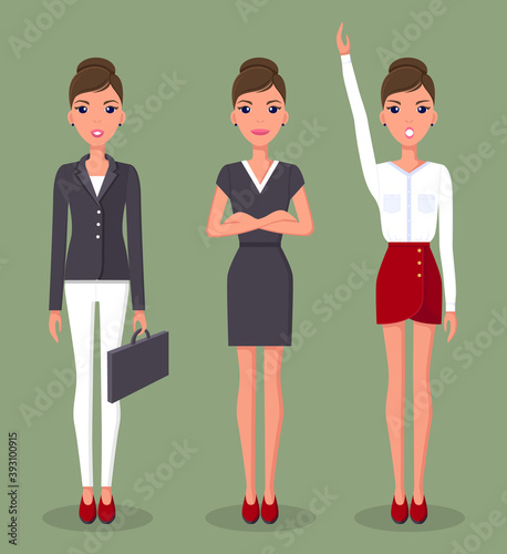 Business woman set in different poses vector illustration. Pretty young woman character dressed formally. Girl in different positions in dress or suit holding briefcase. Cute slender female collection
