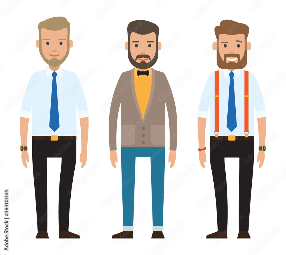 Set of businessmen images. Guy in black trousers, white shirt, blue tie, watch, dark-haired man in sweater and bow tie on neck, brown-haired man gets trousers, red suspenders, blue shirt. Stylish men Set of businessmen images. Guy in black trousers, white shirt, blue tie, watch, dark-haired man in sweater and bow tie on neck, brown-haired man gets trousers, red suspenders, blue shirt. Stylish men