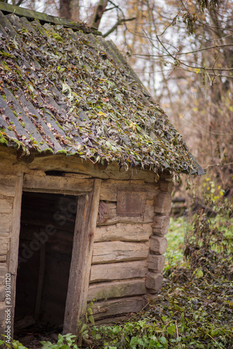 Photo of an old wooden building in the forest.