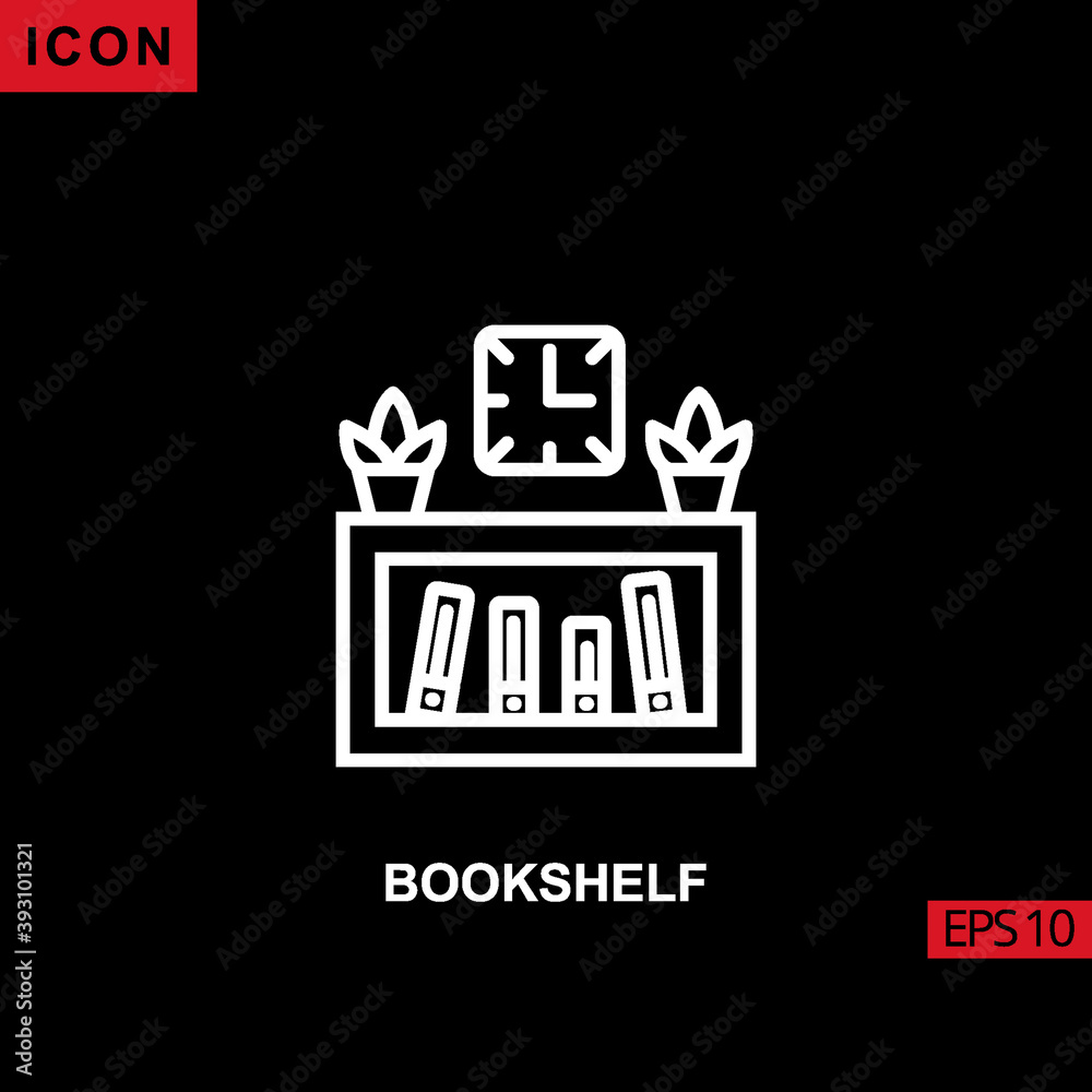 Icon bookshelf with pottery leaf and clock wall vector on black background. Illustration line, linear, outline and lineal icon for graphic, print media interfaces and web design.