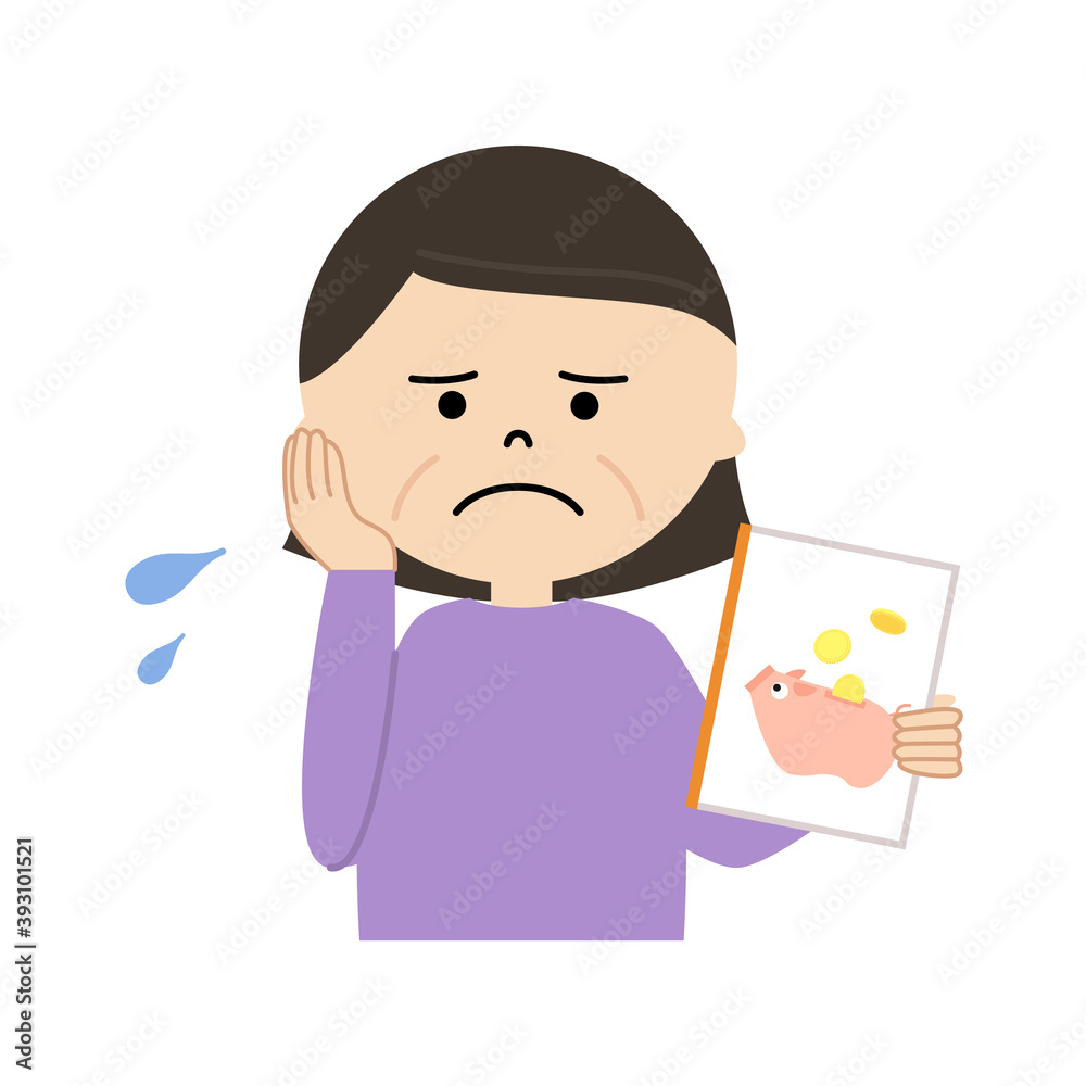 家計簿を持って悩んでいるシニア女性のイラスト