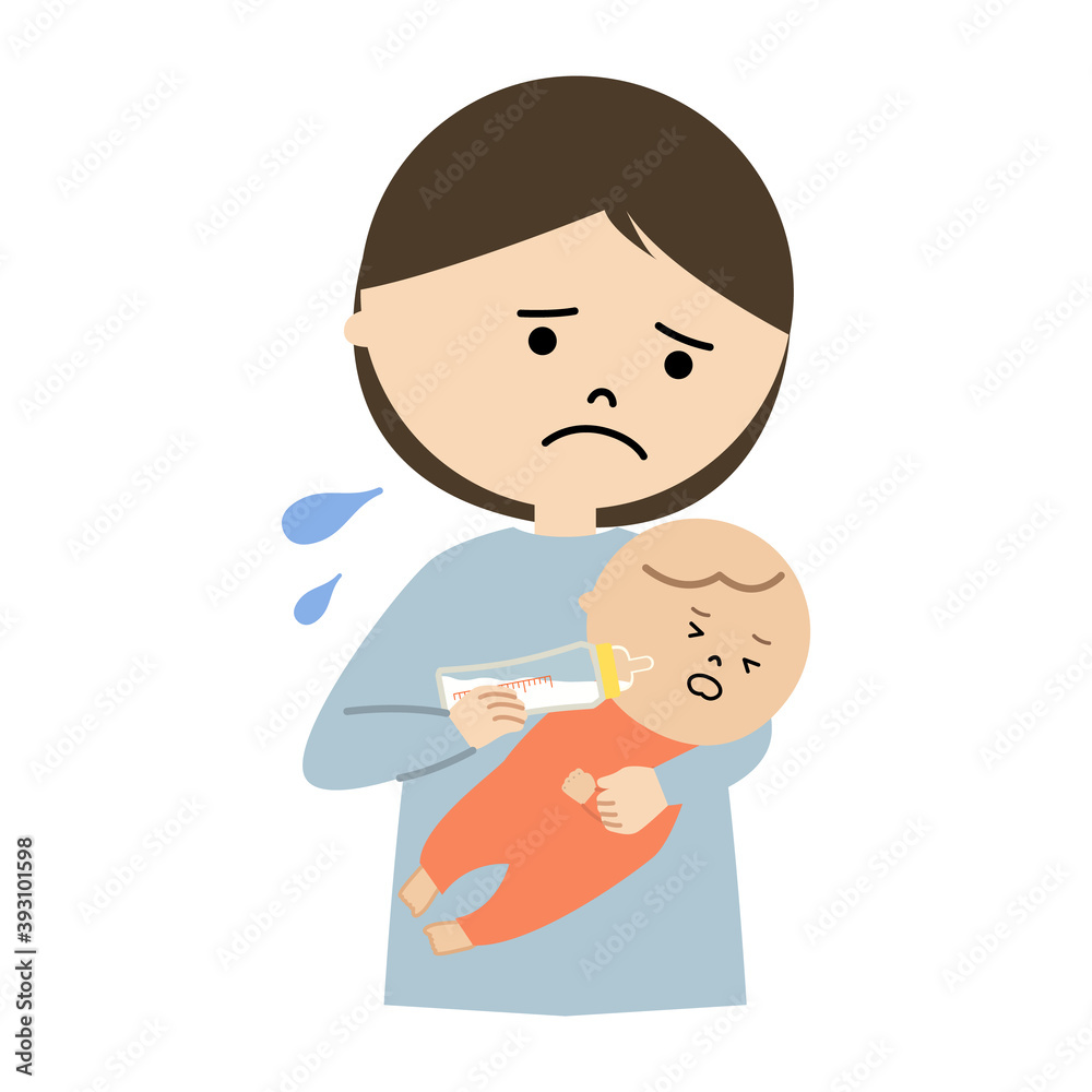 ミルクを嫌がる赤ちゃんと困る母親のイラスト ミルクを嫌がる赤ちゃんと困る母親のイラスト