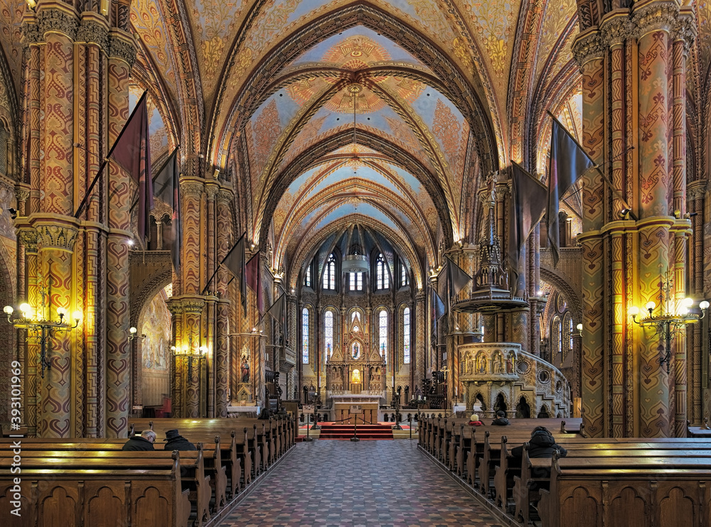 Interior of Matthias Church in Buda's Castle District of Budapest, Hungary
