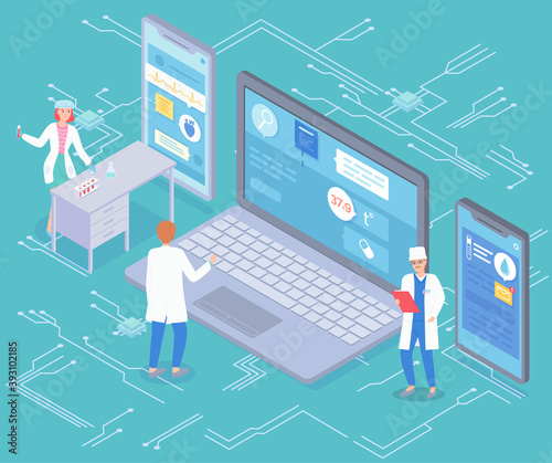 Lab assistant woman with test tube on examine table consults via smartphone, male therapist advise patient with high fever remotely via laptop screen, whiskered doctor checks patient s tests online
