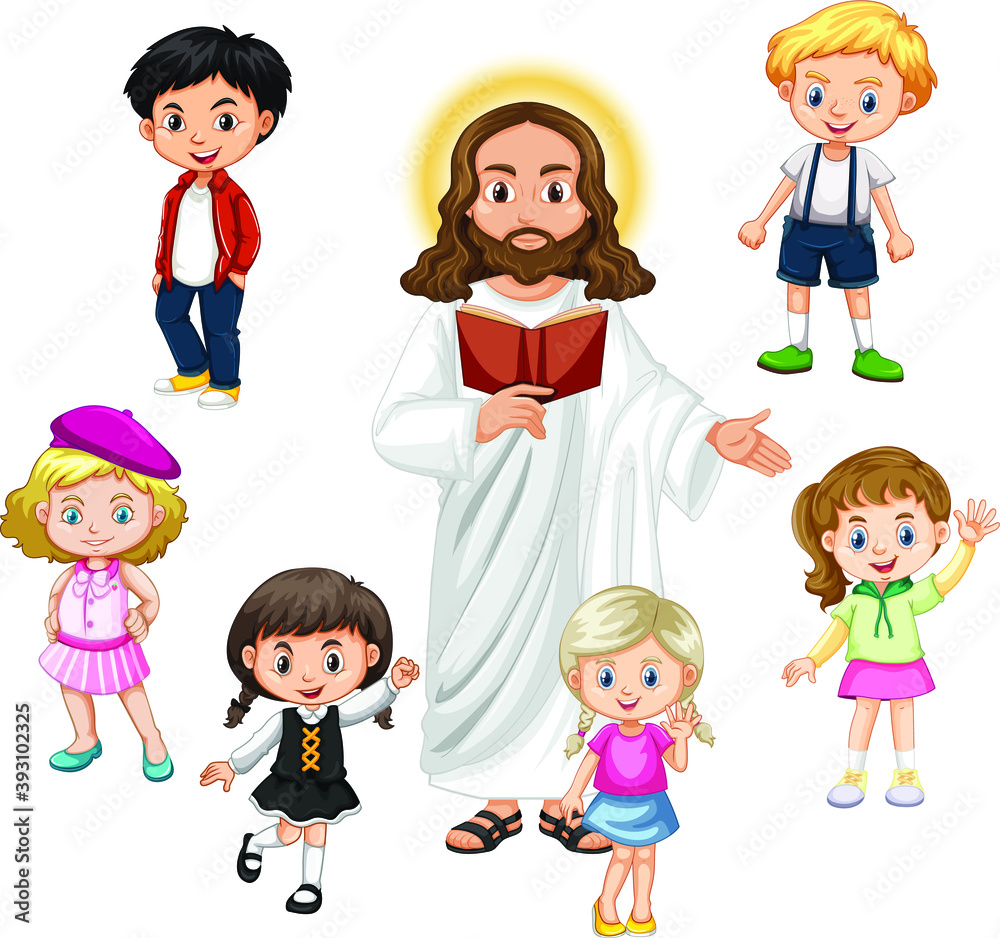 Jesus preaching children group cartoon character. Stock Vector | Adobe ...