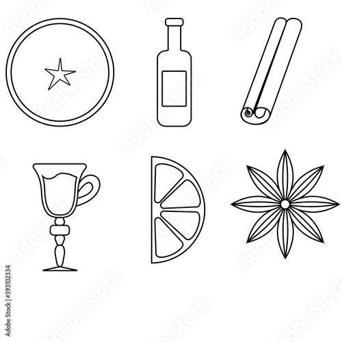 Vector set of icons. Glass tumbler with mulled wine. Cinnamon, star anise and lemon. Mulled wine ingredients. Warming drink. Vector image from contours.