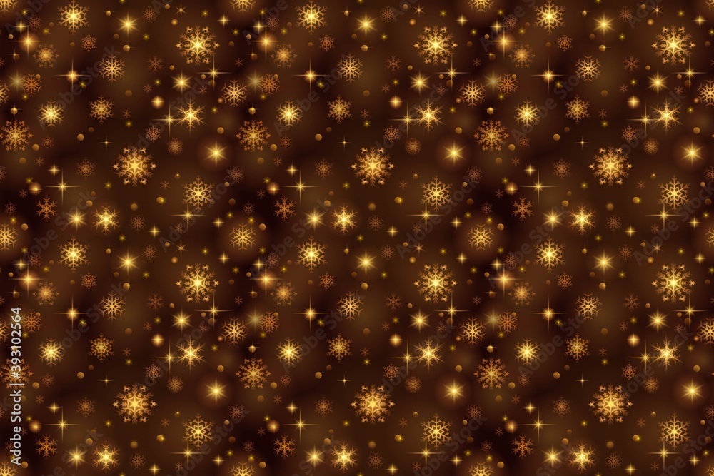 Fototapeta premium Christmas festive seamless pattern with snowflakes and sparkles. Gold shining dark background for textile, holiday wrapping paper, scrapbooking, web and print