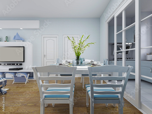 spacious dining room design next to the modern kitchen  with a beautiful dining table and greenery