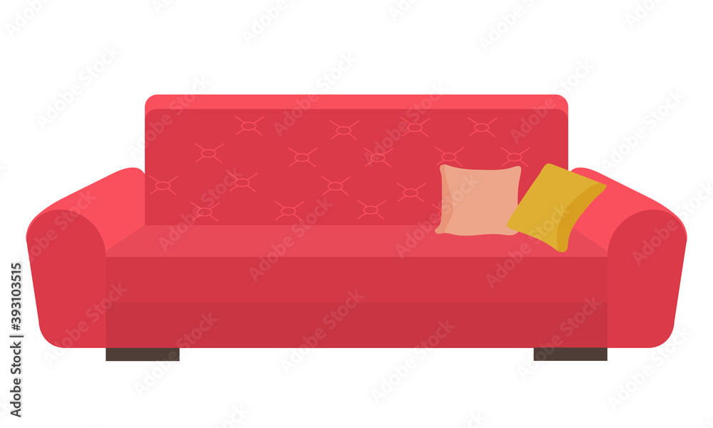 Red fabric upholstery sofa with carriage coupler, decorative pillows. Wide wooden legs. Cozy red sofa, interior item. Living room interior item, relaxing. Flat vector image isolated on white Red fabric upholstery sofa with carriage coupler, decorative pillows. Wide wooden legs. Cozy red sofa, interior item. Living room interior item, relaxing. Flat vector image isolated on white