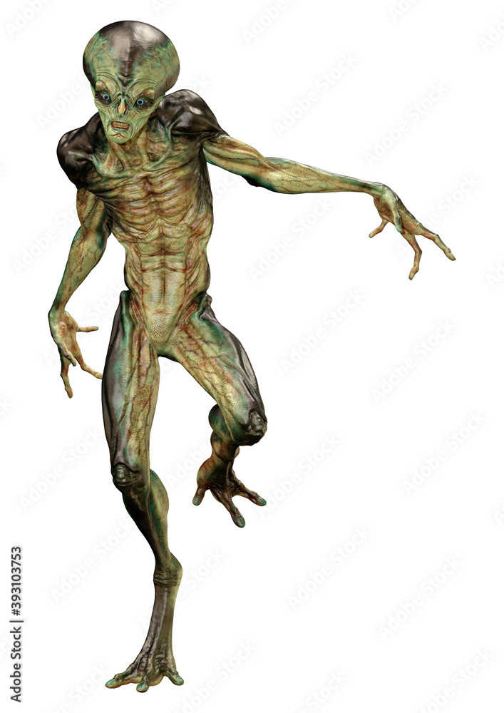 3D Rendering Green Alien on White