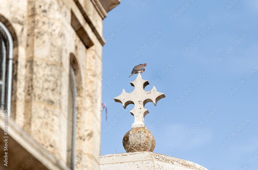 Obraz premium A dove sits on a stone cross on the roof of the Church of the Condemnation on the Via Dolorosa Street in the old city of Jerusalem in Israel