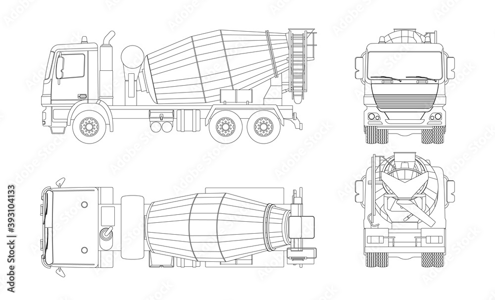 Outline concrete mixer truck. Side, top, front and back views. Isolated ...