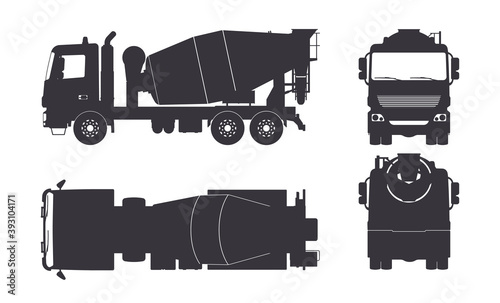 Black silhouette of concrete mixer truck. Side, top, front and back views. Isolated lorry blueprint. Industrial drawing. Construction vehicle for build