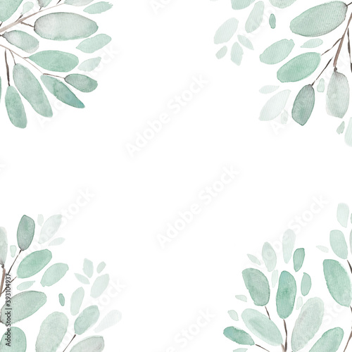 Leaves and branches watercolor illustration background. Hand painted floral elements set. Watercolor botanical illustration. Eucalyptus, olive, green leaves.