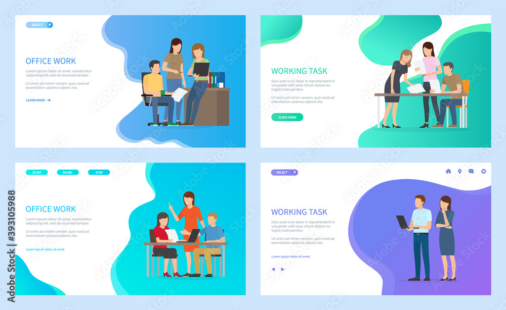 Office work and working task landing page template set, man and woman sitting at desktop holding papers or documents, business team making report in office. Website or webpage flat vector style Office work and working task landing page template set, man and woman sitting at desktop holding papers or documents, business team making report in office. Website or webpage flat vector style