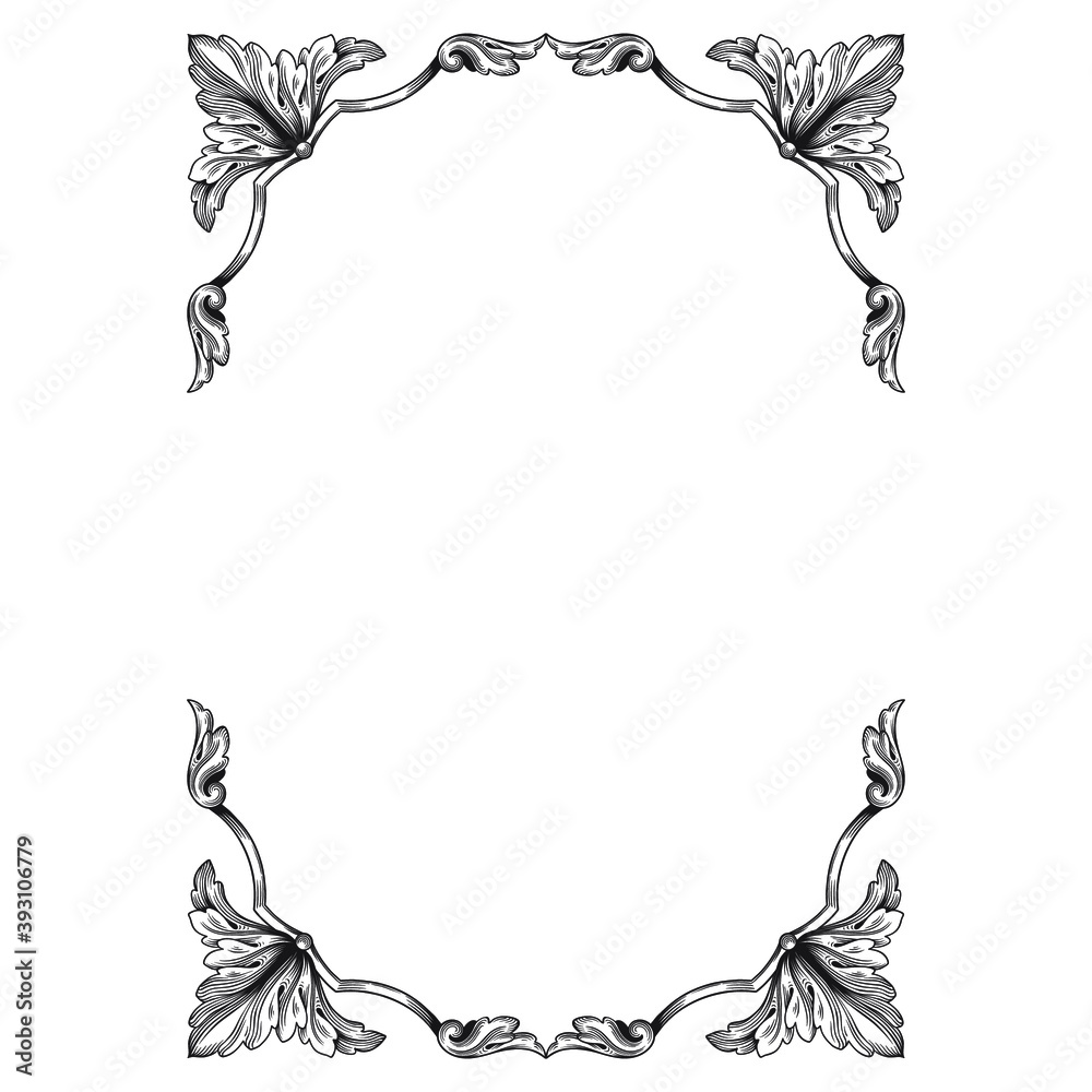 frame vintage or retro border ornament with baroque style like engraving on classical decor for greeting card and wedding invitation and menu for restaurant.  The foliage swirl victorian or damask.