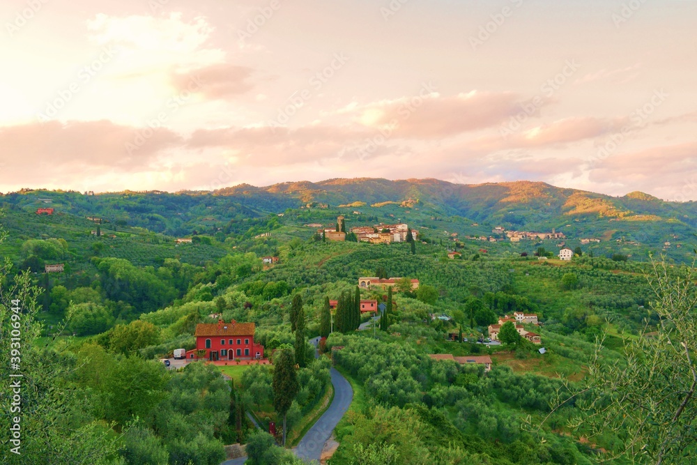 view of the beautiful countryside of the Valdinievole from the Buggiano Castle in the town of Pistoia in Tuscany, Italy