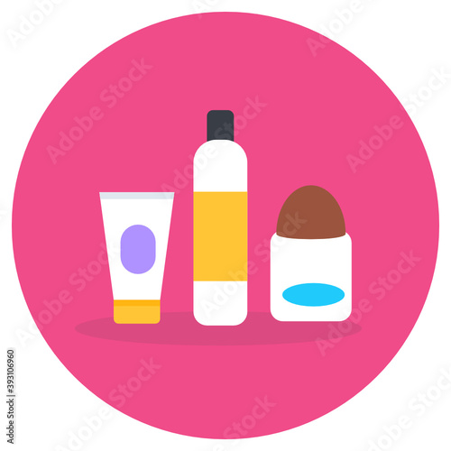 
Beauty products in a flat rounded icon having lotion, deodorant and sunblock
