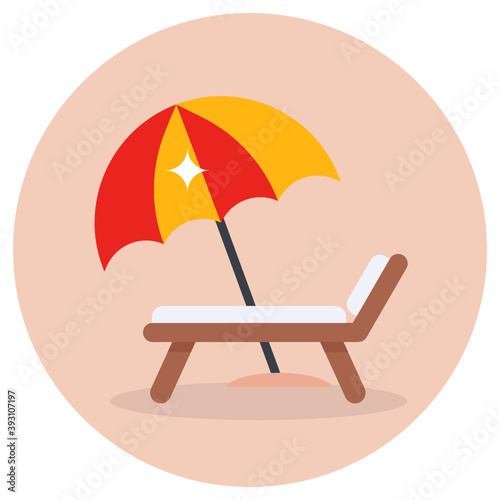 
A deck chair with umbrella, flat icon
