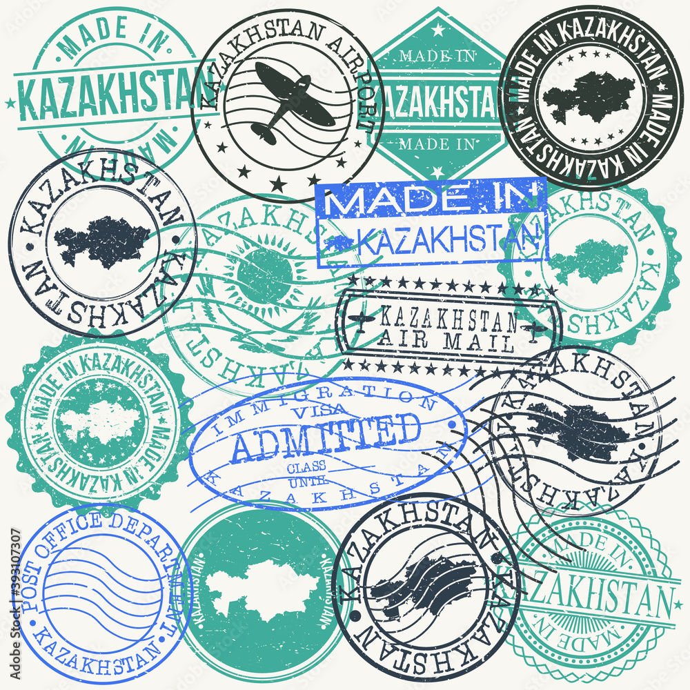 Obraz premium Kazakhstan Set of Stamps. Travel Passport Stamps. Made In Product. Design Seals in Old Style Insignia. Icon Clip Art Vector Collection.