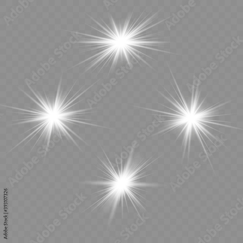 Glow isolated white transparent light effect set, lens flare, explosion, glitter, line, sun flash, spark and stars.Av
