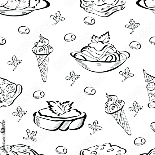 Pasta  food  ice cream vector seamless pattern isolated on white background. Concept for menu  wallpaper  wrapping paper