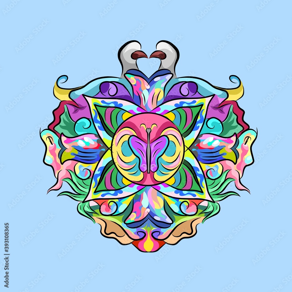 Fototapeta premium Abstract floral background.Abstract doodle with nature element,Swan love,Fish,Butterfly in doodle 