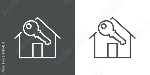 Logotipo Real Estate. Icono casa con llave con lineas en fondo gris y fondo blanco