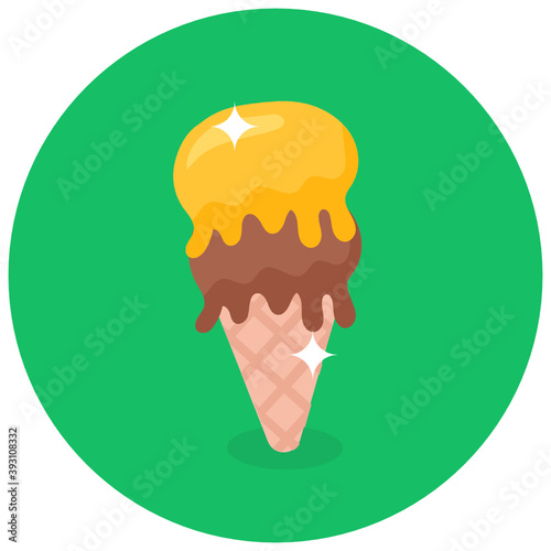 
A frozen food item on a waffle cone, ice cream cone flat rounded icon 
