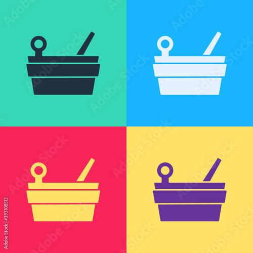 Pop art Sauna bucket and ladle icon isolated on color background. Vector.