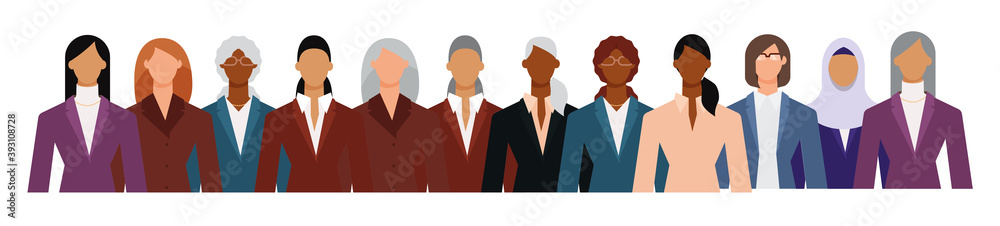 Crowd of diverse business woman in formal suits isolated on white. Flat design vector illustration. Crowd of diverse business woman in formal suits isolated on white. Flat design vector illustration.