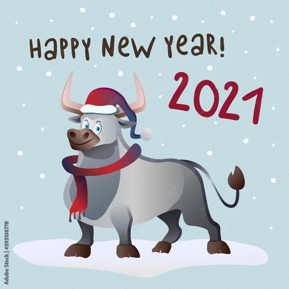 vector illustration for the new year 2021. Year of the white bull. Snow and the inscription happy new year. For a postcard or Notepad. White bull