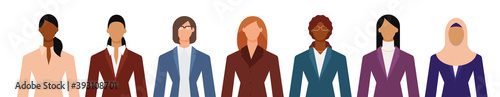 Crowd of diverse business woman in formal suits isolated on white. Flat design vector illustration.